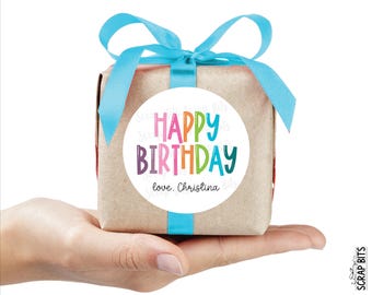 Happy Birthday Gift Stickers, Bouncy Rainbow Personalized Gift Tags, Custom Printed Labels for Goodie Bags or Presents