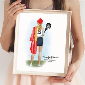 Impresión de retrato de graduación de lacrosse, decoración personalizada para fiesta de graduación de atleta femenina, regalo para estudiantes de último año, hijas o amigas, descarga imprimible digital