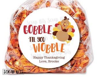 Turkey Stickers . Gobble Till You Wobble . Personalized Thanksgiving Stickers or Tags . 3 Sizes