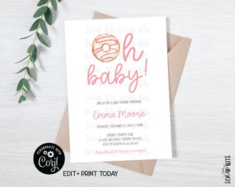 Pink Donut Baby Shower Invitation, Oh Baby Invitation, Baby Girl Shower Invite, DIY Editable Template, Printable Invitation