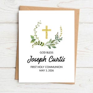 First Communion Card, Watercolor Eucalyptus Wreath Gold Cross, Custom Printed Personalized Religious Card, A2 Size, Includes Envelope