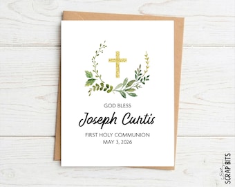 First Communion Card, Watercolor Eucalyptus Wreath Gold Cross, Custom Printed Personalized Religious Card, A2 Size, Includes Envelope