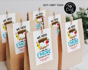EDITABLE Teacher Appreciation Tags, We Need S'more Teachers Like You. Smores Kit Labels for Teacher Gifts or Treat Bags, DIY Printable
