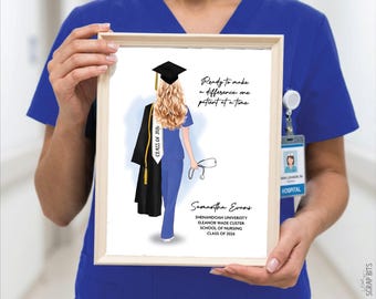 Female Nurse Graduation Digital Portrait, Personalized Senior Gift Illustration Print, Grad Party Decor
