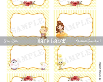 Printable Princess Food Labels, Belle + Friends, Flat Blank Favor Tags, Party Decor, Place Cards, Instant Download