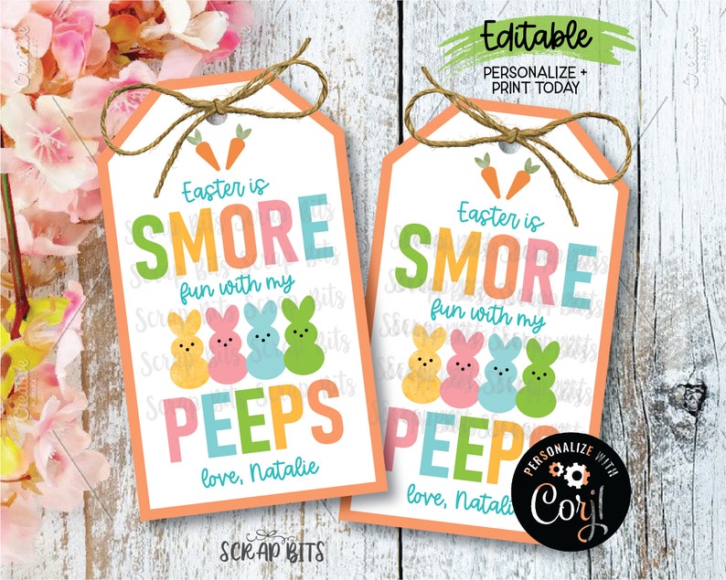 EDITABLE Easter Smores Tags, Easter Is Smore Fun With My Peeps Tags, Smore Easter Tags, Printable Easter Gift Tags image 1