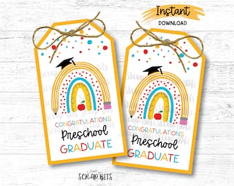 Preschool Graduation Tags, Pencil Rainbow Graduate, Last Day Of School Snack Bag Tags, Printable Classroom Treat Tags, Instant Download