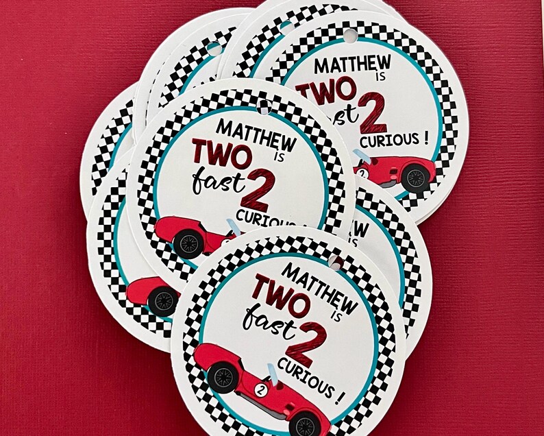 Personalized Racing 2nd Birthday Favor Labels, Two Fast 2 Curious, Stickers or Tags image 5