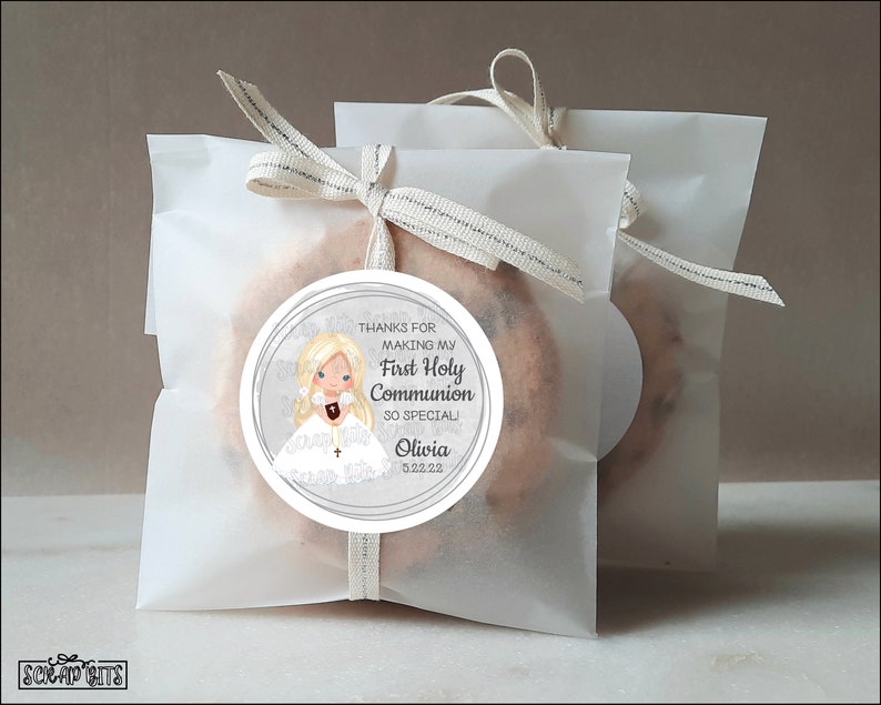 First Communion Labels & Bags, Communion Girl 3 Rings, Personalized Communion Stickers, Glassine Favor Bags, 3 Sizes image 2