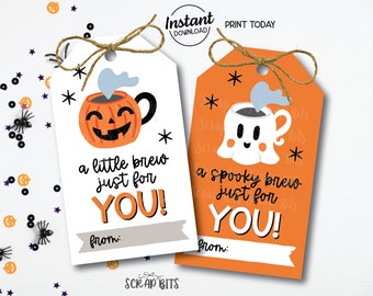 Halloween Coffee Tags, A Little Brew Just For You, Halloween Mugs, Halloween Gift Tags, Halloween Appreciation Tags, Instant Download