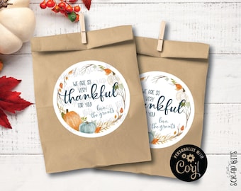 Printable Thanksgiving Favor Labels, Thankful Pumpkin Wreath, Personalized Gift Tags, Editable with Corjl
