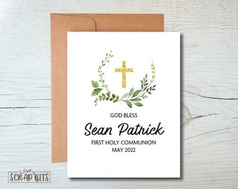 Personalized First Holy Communion Card, Greenery Wreath . Communion Greeting Card