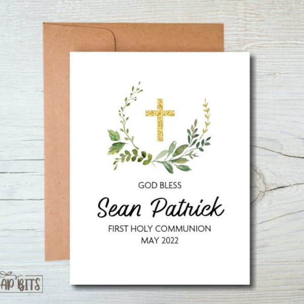 Personalized First Holy Communion Card, Greenery Wreath . Communion Greeting Card