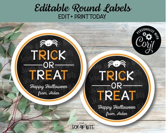 EDITABLE Printable Halloween Labels, Trick Or Treat Tags, Black Spider . Personalized Printable Halloween Tags, DIY Round Sticker Template