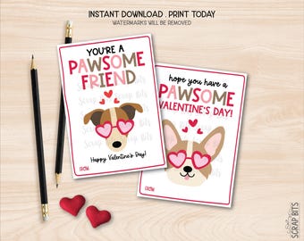 Printable Dog Valentine Exchange Cards, Pawsome Friend Puppy Dogs, Kids Classroom Party Tags, Instant Download