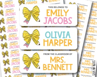Pencil Bow Name Labels, Coquette Personalized Waterproof Kids Name Stickers for School, Daycare & Preschool, Custom Belonging Labels