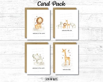 Safari Animal Baby Cards, Watercolor Safari New Baby Card Pack of 4, Jungle Baby Shower Card Set, Minimal Baby Shower Cards, Jungle Animals