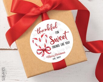 Christmas Gift Labels, Candy Cane Heart Thankful For Sweet Friends, Personalized Stickers or Tags for Gift Wrapping