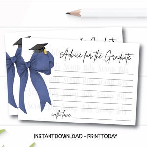 Biglietti di consigli per la laurea con fiocco blu navy, biglietti di consigli per la laurea stampabili, giochi per la festa di laurea con fiocco Coquette, download immediato