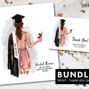 Impresión de retrato de graduación femenina y tarjeta de agradecimiento, regalo personalizado para fiesta de graduación, hija, hermana, amiga, descarga digital personalizada