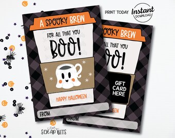 May include: Two Halloween-themed gift card holders with a coffee cup design. The text reads "A Spooky Brew for all that you BOO!" and "Happy Halloween." The background has a black and gray plaid pattern.