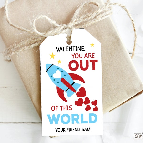 You're Out Of This World . Valentine Space Rocket Tags . Personalized Valentine's Day Tags . 2 x 3.5 inches . Qty 10