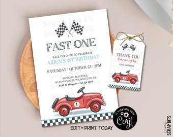 Editable Racing 1st Birthday Invitation + Favor Tag Set, Fast One Classic Red Race Car, Printable Digital Template