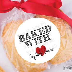 Baked with Love Stickers, Sketch Block Heart, Personalized Baking Labels for Kitchen, Bakery, Jar Labels, Custom Printed, Clear Favor Bags