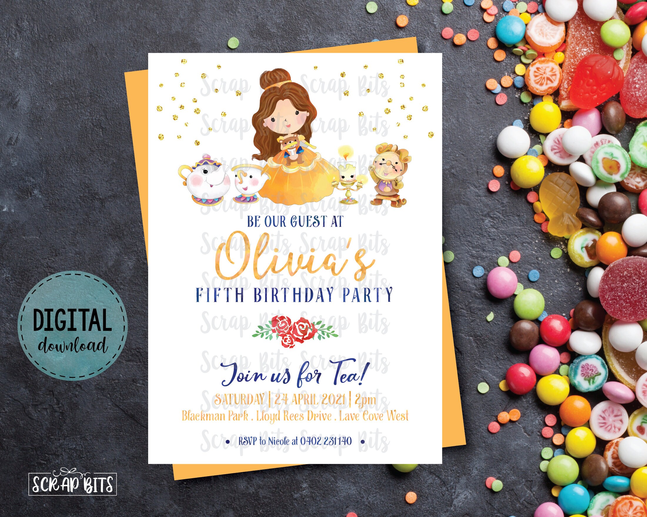 Personalised Beauty and the Beast Birthday Party Invites inc envelopes V2 