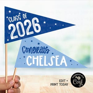 Printable Graduation Flags, Congrats Name Class of 2026 Pennants, Personalized Party Decor, Centerpiece, Photo Prop, Editable with Corjl