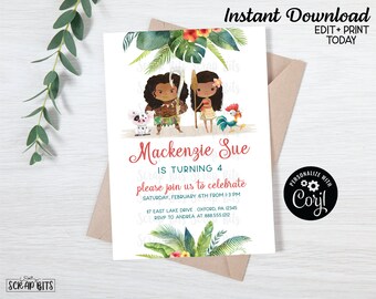 EDITABLE Tropical Princess Birthday Invitation, Moana Birthday Party Invitation, Tropical Birthday Invite, Moana + Maui . Editable Template