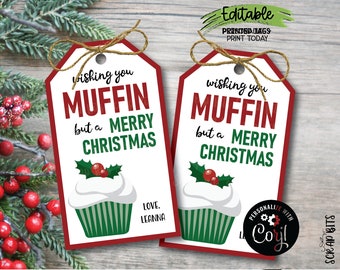 EDITABLE Christmas Muffin Tags, Wishing You Muffin But A Merry Christmas Tags, Appreciation Tags, Printable Christmas Gift Tags, Red