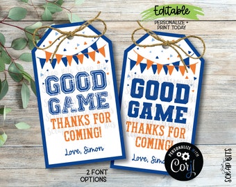 EDITABLE Sports Birthday Tags, Good Game Tags, Thanks For Coming Sports Party Favor Tags, Printable Sports Birthday Gift Tags, Blue & Orange