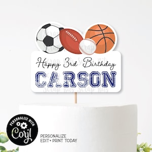 REDIGERINGSBAR tårtdekoration, utskrivbar sportfödelsedagstårtdekoration, personlig utskrivbar digital nedladdning, fotboll, baseboll, basket, fotboll