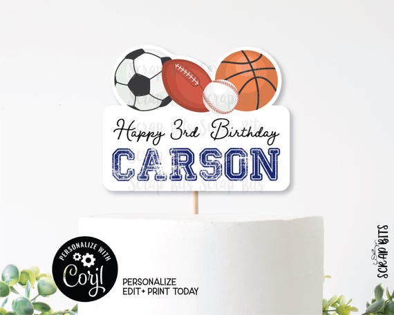 EDITABLE Cake Topper, Printable Sports Birthday Cake Topper, Personalized Printable Digital Download, Football, Baseball, Basketball, Soccer