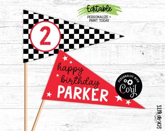 Printable Racing Birthday Pennant Flags, Checkerboard Name Age, Personalized Party Decor, Editable with Corjl