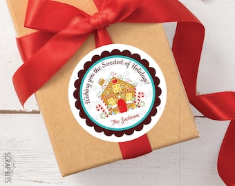 Christmas Gift Labels, Gingerbread House Scallop, Personalized Stickers or Tags for Gift Wrapping