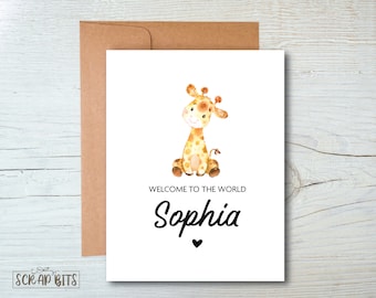 Giraffe New Baby Card . Welcome To The World Baby Congratulations Card . Baby Shower Card . Personalized New Baby Card