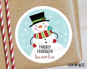 Jolly Snowman Christmas Gift Stickers, Cute Personalized Gift Labels or Tags for Holiday Presents, Treat Bags, Favors