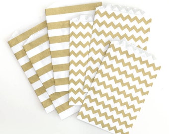 12 Medium Flat Metallic Gold Chevron & Horizontal Stripes Paper Favor Bags . 5" x 7.5"