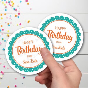 Happy Birthday Gift Giving Stickers, Poka Dot Scallop, Personalized Gift Tags, Custom Printed Labels for Goodie Bags or Presents image 2