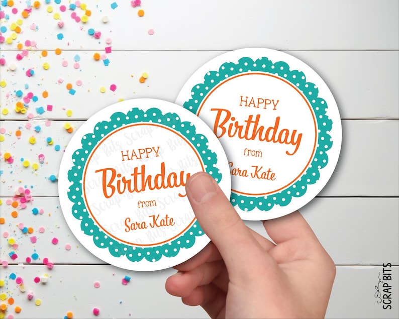 Happy Birthday Gift Giving Stickers, Poka Dot Scallop, Personalized Gift Tags, Custom Printed Labels for Goodie Bags or Presents image 2