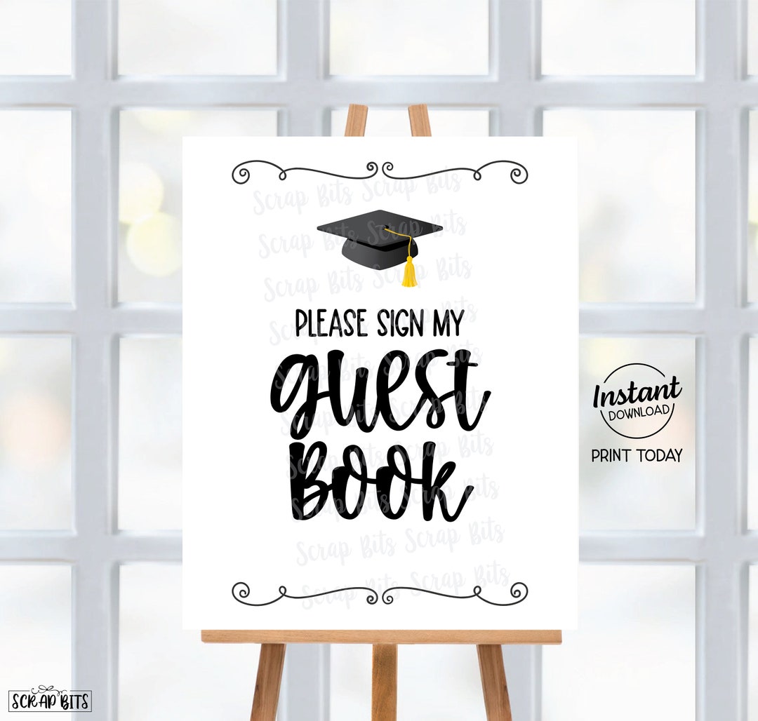 Graduation Guest Book Sign, Black Cap Graduation Party Sign, Please