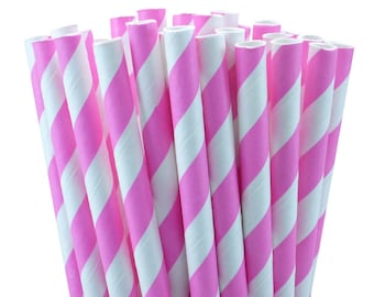 25 Pink Striped Paper Straws with Printable Party Flags PDF File
