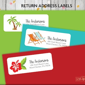 May include: Three return address labels with different tropical designs. The first label has a palm tree design, the second label has a beach chair design, and the third label has a hibiscus flower design. The labels all have the text "The Andersons" and an address.