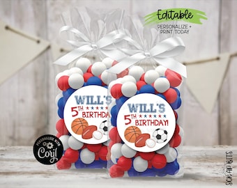 EDITABLE Sports Birthday Labels, Printable Party Stickers for Treat Bags, Guest Goodie Bags, Personalized Printable Sticker Template