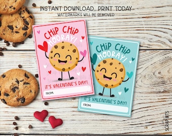 Printable Cookie Valentine Exchange Cards, Chip Chip Hooray Chocolate Chip, Pink Blue Kids Classroom Party Tags, Instant Download