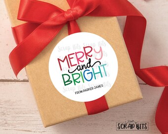 Merry & Bright Christmas Gift Labels, Minimal Merry and Bright Christmas Stickers, Personalized Gift Labels or Tags for Gift Wrap