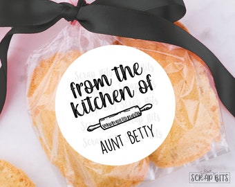 May include: White round sticker with black text that reads "from the kitchen of AUNT BETTY" with a drawing of a rolling pin.