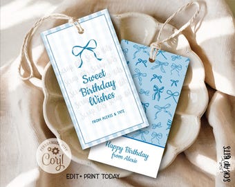 Juego de etiquetas imprimibles para regalos de cumpleaños, Dulces deseos, Etiquetas con lazo coqueto de cuadros azules, Etiquetas para bolsas de dulces, Plantilla digital editable con Corjl